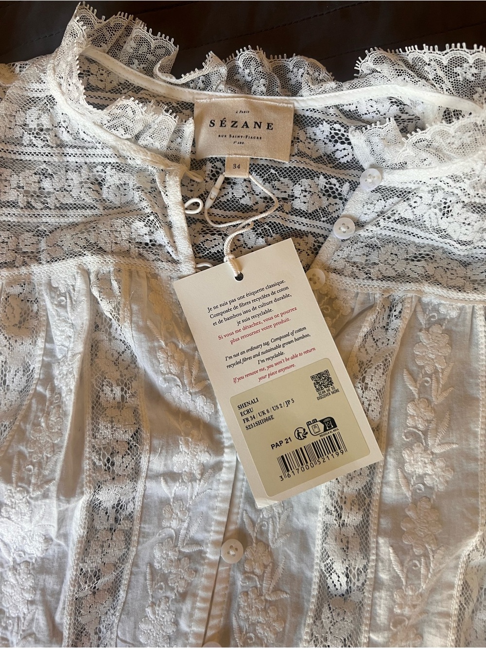 Sézane White Lace Button-Front Blouse - Picture 2 of 3